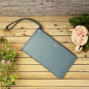 Furla GENUINE Leather Gray Blue Wristlet Clutch